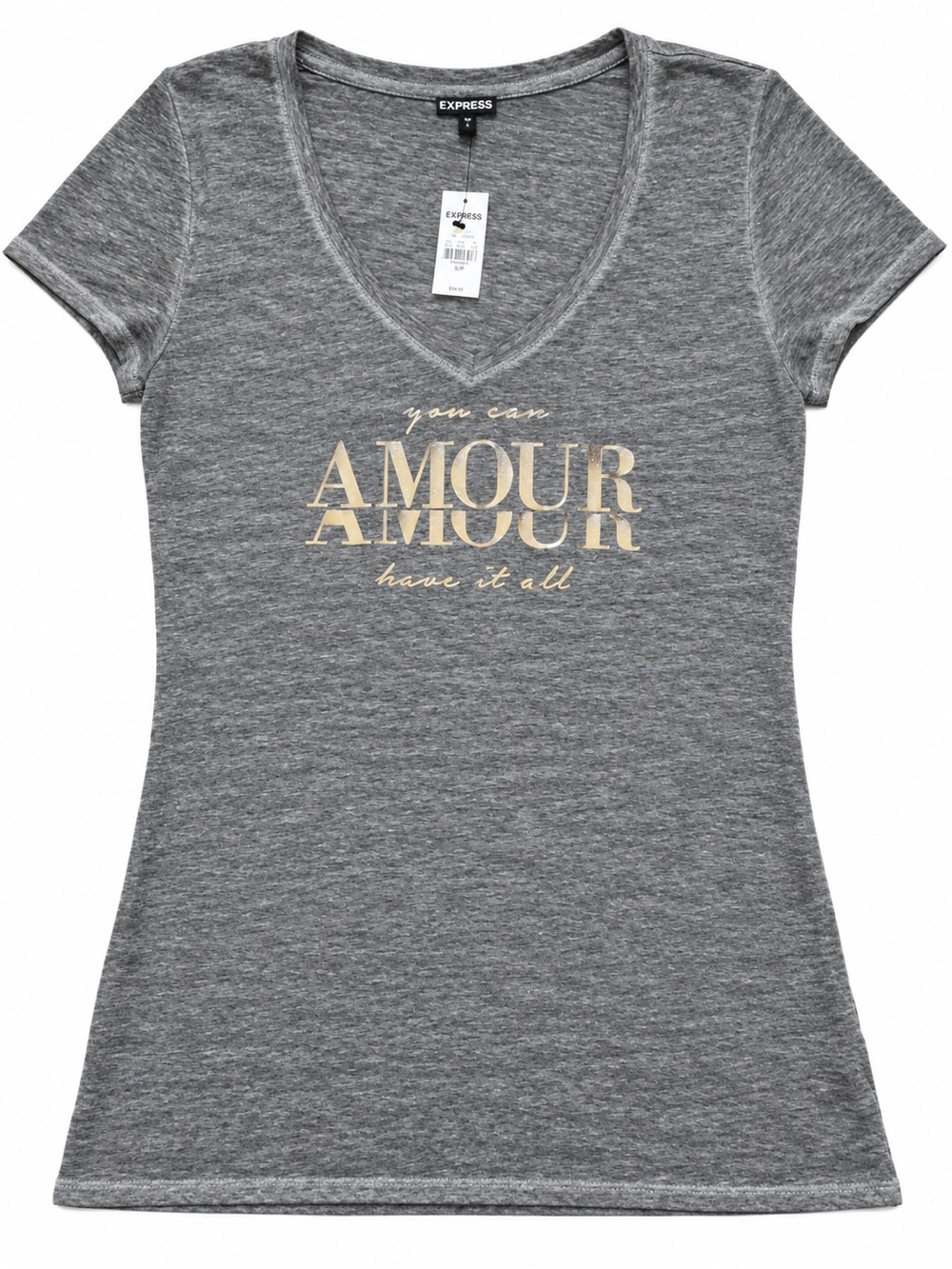 Express Gray V-Neck Tee with Gold 'AMOUR' Graphic